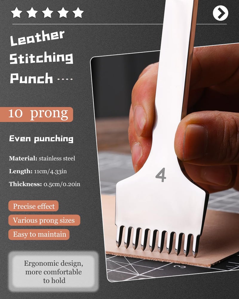 FOUSNOW Leather Stitching Punch, 10 Prong Leather Fork Prong Punch, 4mm Lacing Stitching Chisel Tools, DIY Working Tools for Punching - Image 2